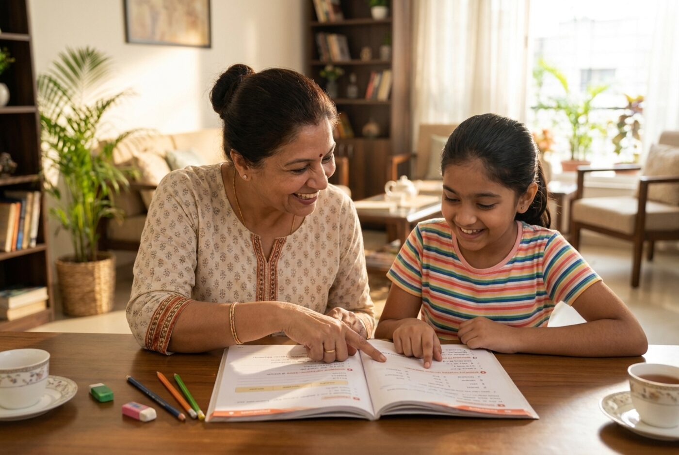 Female home tutor teaching a young student at home in Patna