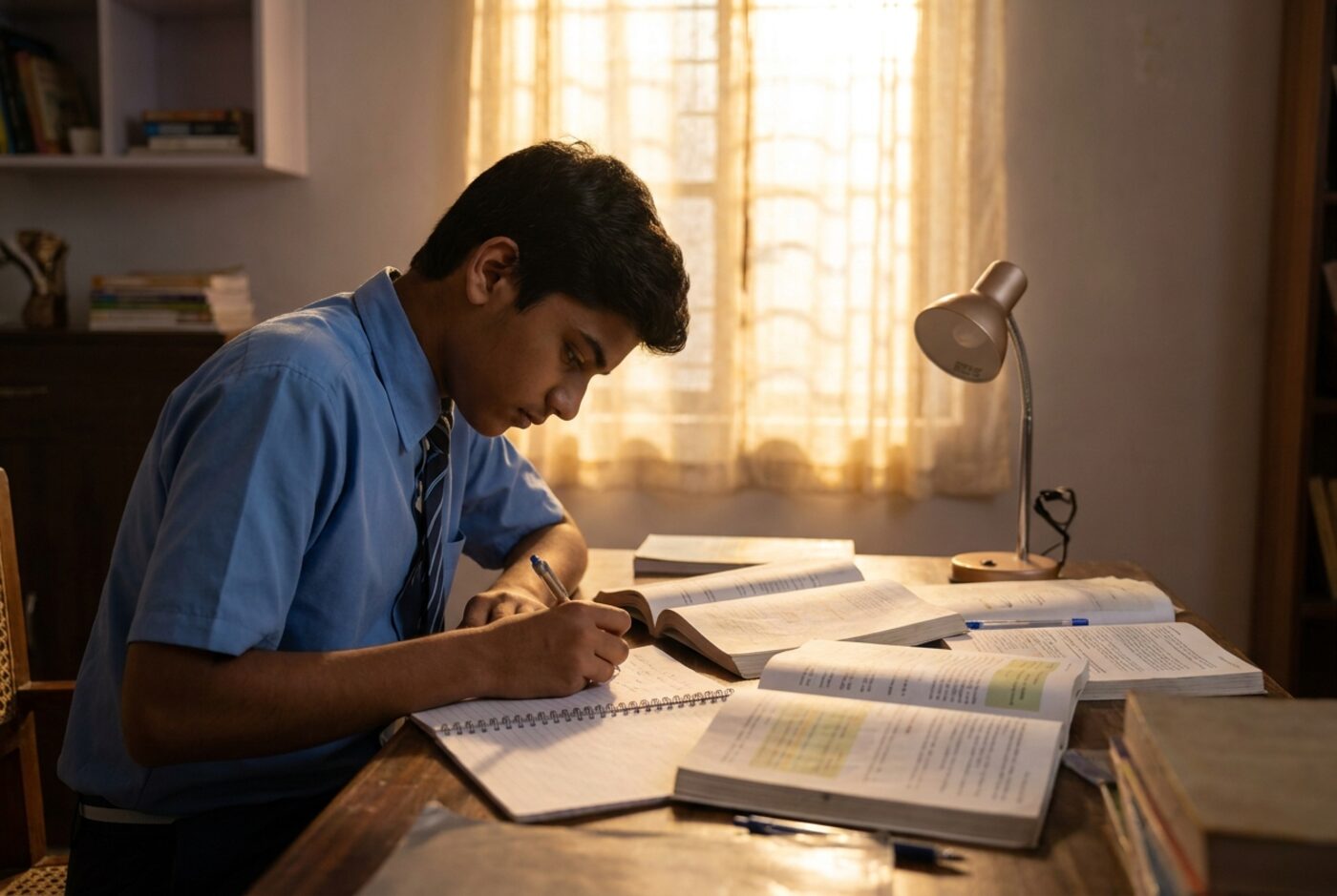 Student revising board exam notes at home in the evening