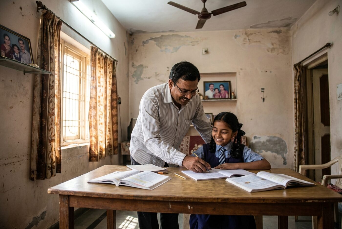 Home tutor teaching a school student at a study table in Patna